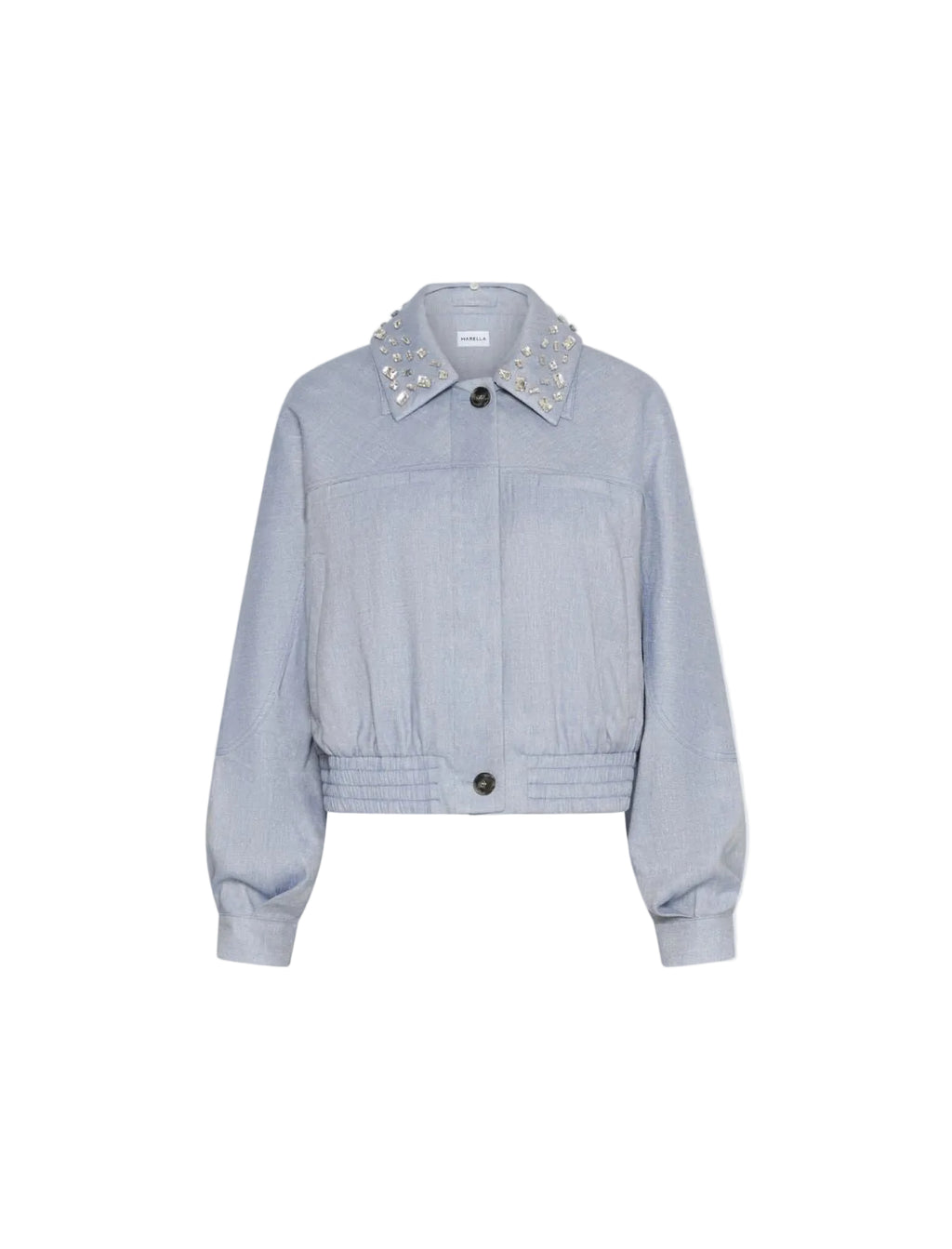Light blue denim jacket with decorative collar on a light gray background