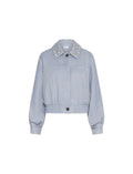 Light blue denim jacket with decorative collar on a light gray background